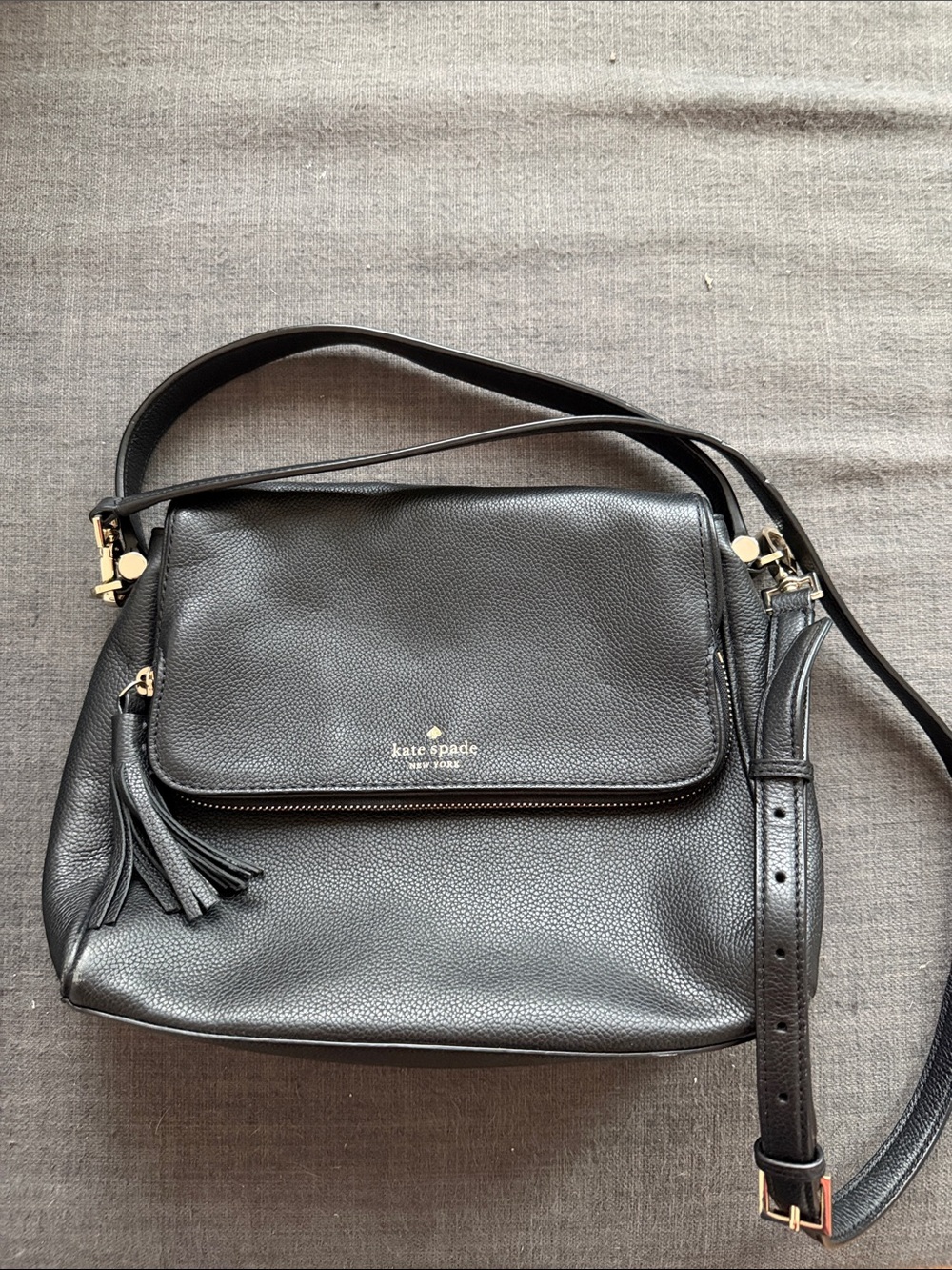 kate spade Black Pebbled Leather Flap Crossbody with Tassel